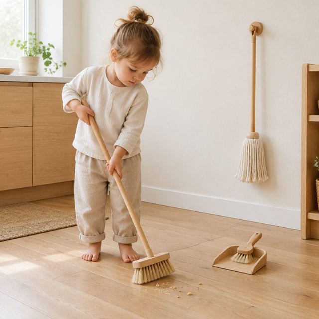 Child-sized broom, mop, dustpan