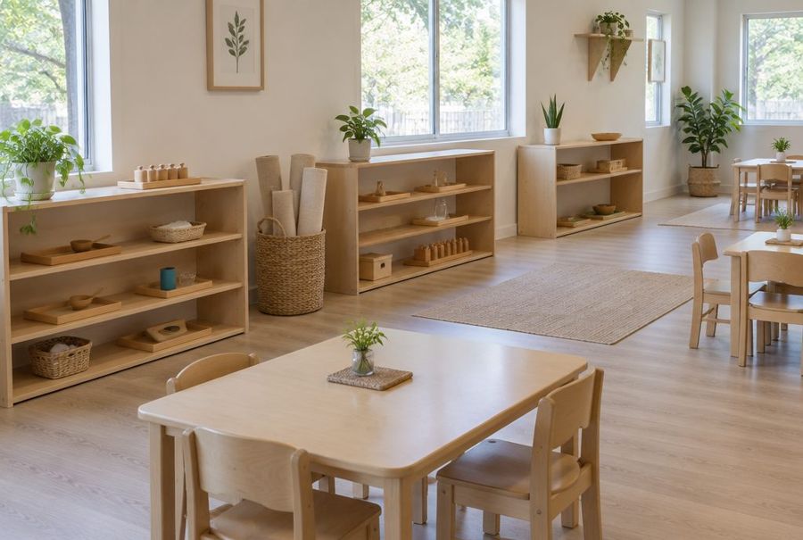 A calm Montessori toddler classroom with low shelves and small tables
