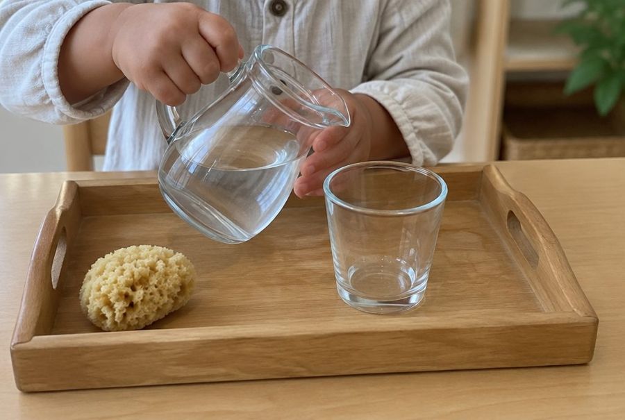 Pouring water work on a tray
