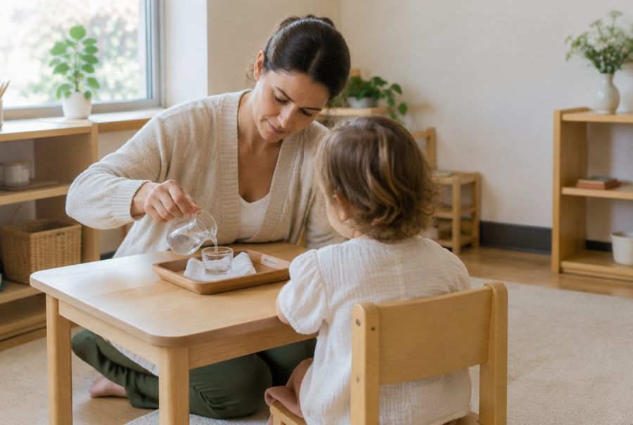 A teacher slowly showing a toddler how to pour